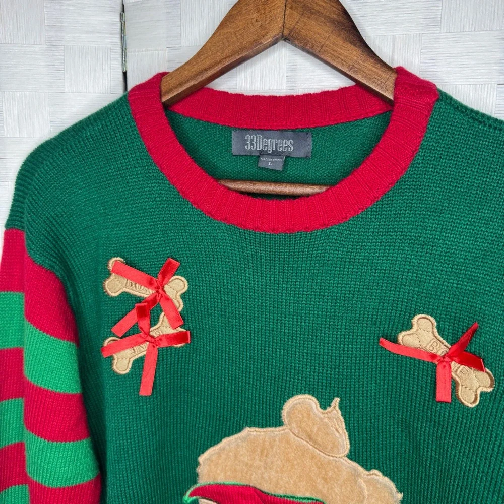 3D Pug Ugly Christmas Sweater Green Red Striped Plush Large